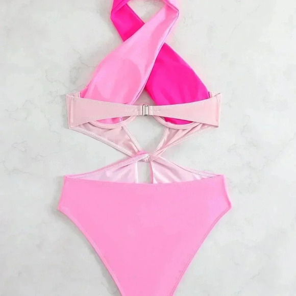 Pink Sexy Women's Beach Colorblock Cut-Out Halter One Piece Swimsuit - Picture 4 of 7
